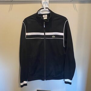 Lacoste Black Zip-Up Track Jacket with White Piping and Green Croc